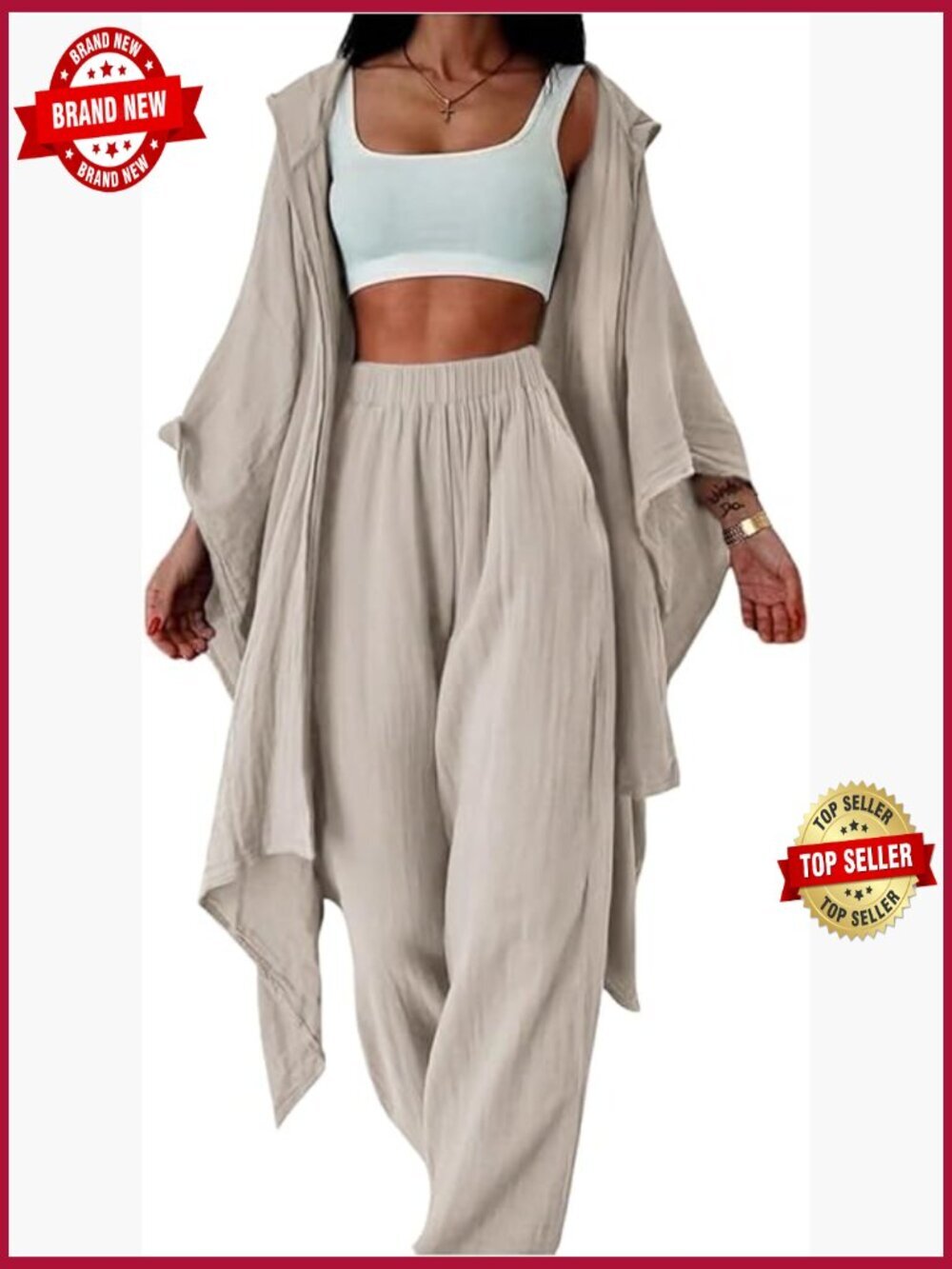 2 Piece Outfit Hooded Kimono Cardigan Wide Leg Pants Set Casual Lounge Suit